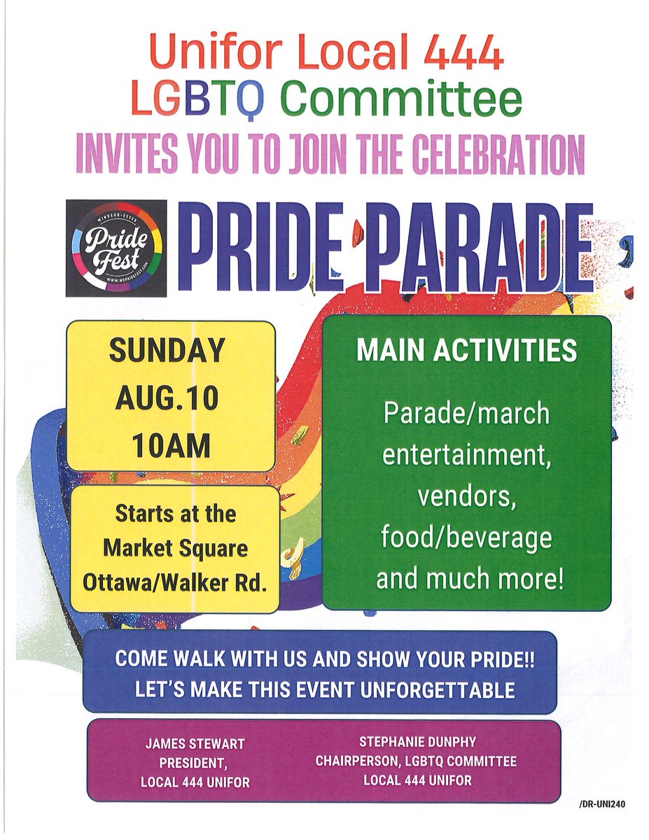 LOCAL444UNIFOR's tweet image. 🌈 Join Local 444’s LGBTQ Committee at the Windsor-Essex Pride Fest Parade!
📅 Sunday, Aug. 10 | 🕙 10AM
📍 Starts at Market Square (Ottawa/Walker)