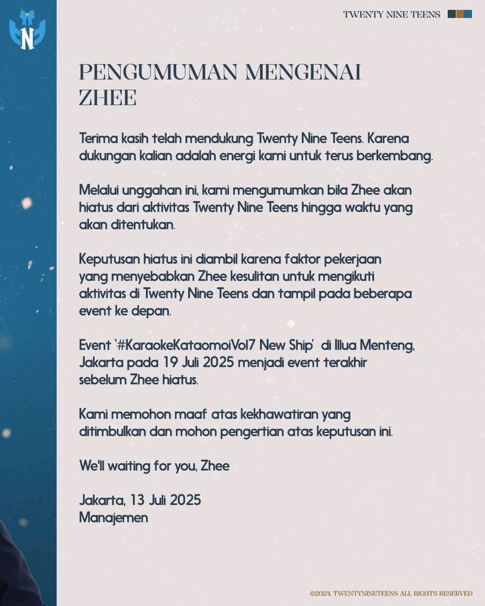 TNTeensOfficial's tweet photo. Pengumuman mengenai Zhee. 

#TwentyNineTeens #TNTeens https://t.co/AAFje7DJem