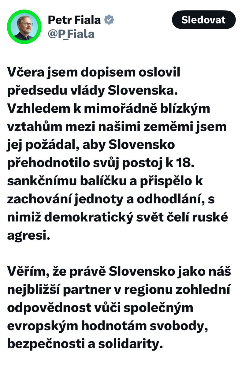 MarekStonis's tweet image. A co @P_Fiala udělá, když @RobertFicoSVK sankce proti Putinovi blokovat Bruselu nepřestane ani po přečtení jeho “hodnotového” dopisu? Zruší za trest česko-slovenské mezivládní konzultace?
Aha.