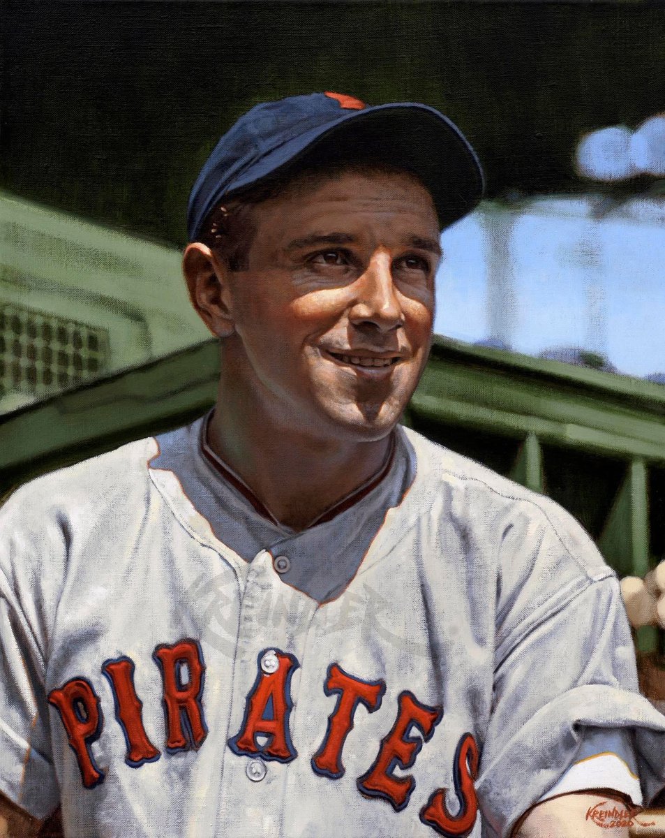 GraigKreindler's tweet image. #OTD in 1913, Lee “Jeep” Handley was born in Clarion, IA. A solid infielder for Pittsburgh, he was also supposedly one of the few NLer to fully accept and embrace Jackie Robinson in 1947. Here’s my painting of him with the Pirates, based on the photography of Charles Conlon.