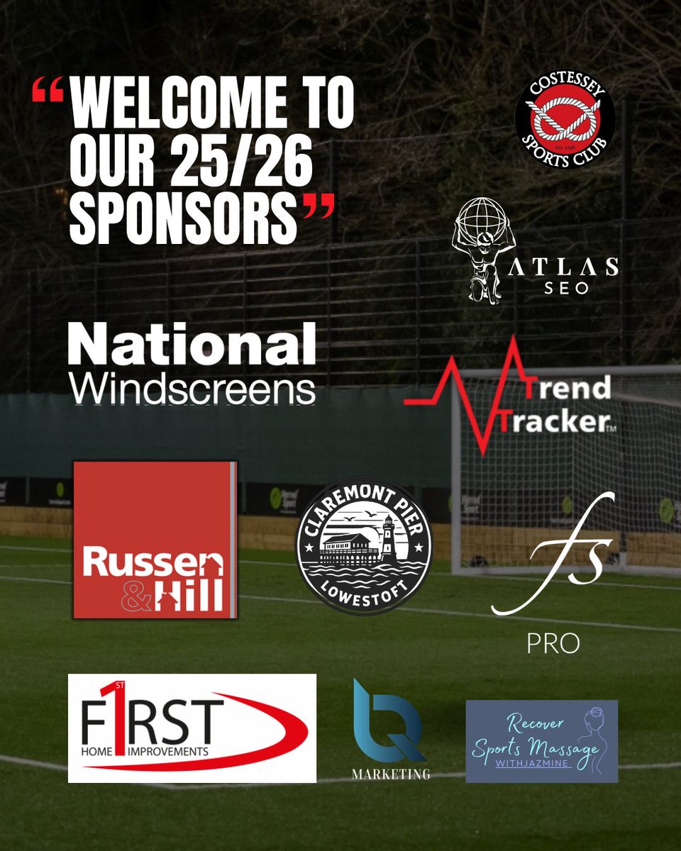 CostesseyLadies (@costesseyladies) on Twitter photo Huge thank you to our sponsors for their support 🙏
<a href="/NatWindscreens/">National Windscreens</a> - Home kit
<a href="/HillRussen/">Russen & Hill</a> - Away Kit
@financeshopltd - Training Kit
<a href="/PierClaremont/">Claremont Pier</a> - Rainwear
<a href="/TrendTrackerII/">Trend Tracker</a> - Coaches Kit
<a href="/AtlasSEO_/">Atlas SEO 🌎⚡️</a> - POM
<a href="/firsthomeimprov/">First Home Improvements</a> - Match Day
<a href="/bequalityuk/">Bequality Marketing</a> & Recover Massage - Away Sleeve Huge thank you to our sponsors for their support 🙏
<a href="/NatWindscreens/">National Windscreens</a> - Home kit
<a href="/HillRussen/">Russen & Hill</a> - Away Kit
@financeshopltd - Training Kit
<a href="/PierClaremont/">Claremont Pier</a> - Rainwear
<a href="/TrendTrackerII/">Trend Tracker</a> - Coaches Kit
<a href="/AtlasSEO_/">Atlas SEO 🌎⚡️</a> - POM
<a href="/firsthomeimprov/">First Home Improvements</a> - Match Day
<a href="/bequalityuk/">Bequality Marketing</a> & Recover Massage - Away Sleeve