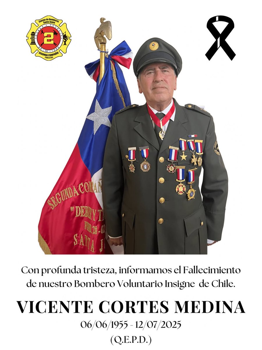 BomberosdeChile's tweet photo. 𝗖𝗢𝗡𝗗𝗢𝗟𝗘𝗡𝗖𝗜𝗔𝗦 | 🕊 Bomberos de Chile envía sus condolencias a la familia, amigos, integrantes de la Segunda Compañía y del CB de Santa Juana por el sensible fallecimiento del Bombero Insigne de Chile, Vicente Cortés Medina (Q.E.P.D.) https://t.co/82wiTbnPDx