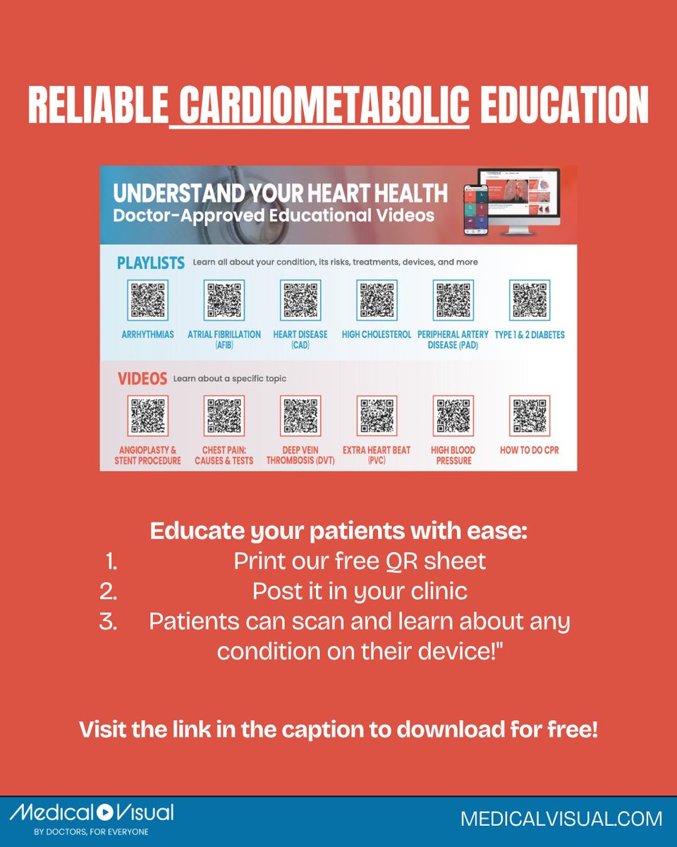 CardioVisualApp's tweet image. MedicalVisual’s printable QR Sheet makes it possible for you to empower patients with proper cardiometabolic education.
Download the free QR sheet: cmsapi.disolutions.net/media/heart.me…
#CardiometabolicCare #PatientEducation #HeartHealth #DiabetesAwareness #MedicalVisual