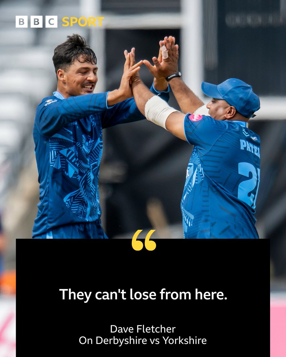 BBC Sport Derby (@bbcderbysport) on Twitter photo βΆ πππππ ππ
πππππππ βΆ
A pretty strong statement from Dave Fletcher on Derbyshire Falcons' position against Yorkshire.
They require 152 runs to win as action gets back under way at Headingley.
Listen live π bbc.co.uk/sounds/play/liβ¦
#BBCCricket #T20Blast βΆ πππππ ππ
πππππππ βΆ
A pretty strong statement from Dave Fletcher on Derbyshire Falcons' position against Yorkshire.
They require 152 runs to win as action gets back under way at Headingley.
Listen live π bbc.co.uk/sounds/play/liβ¦
#BBCCricket #T20Blast