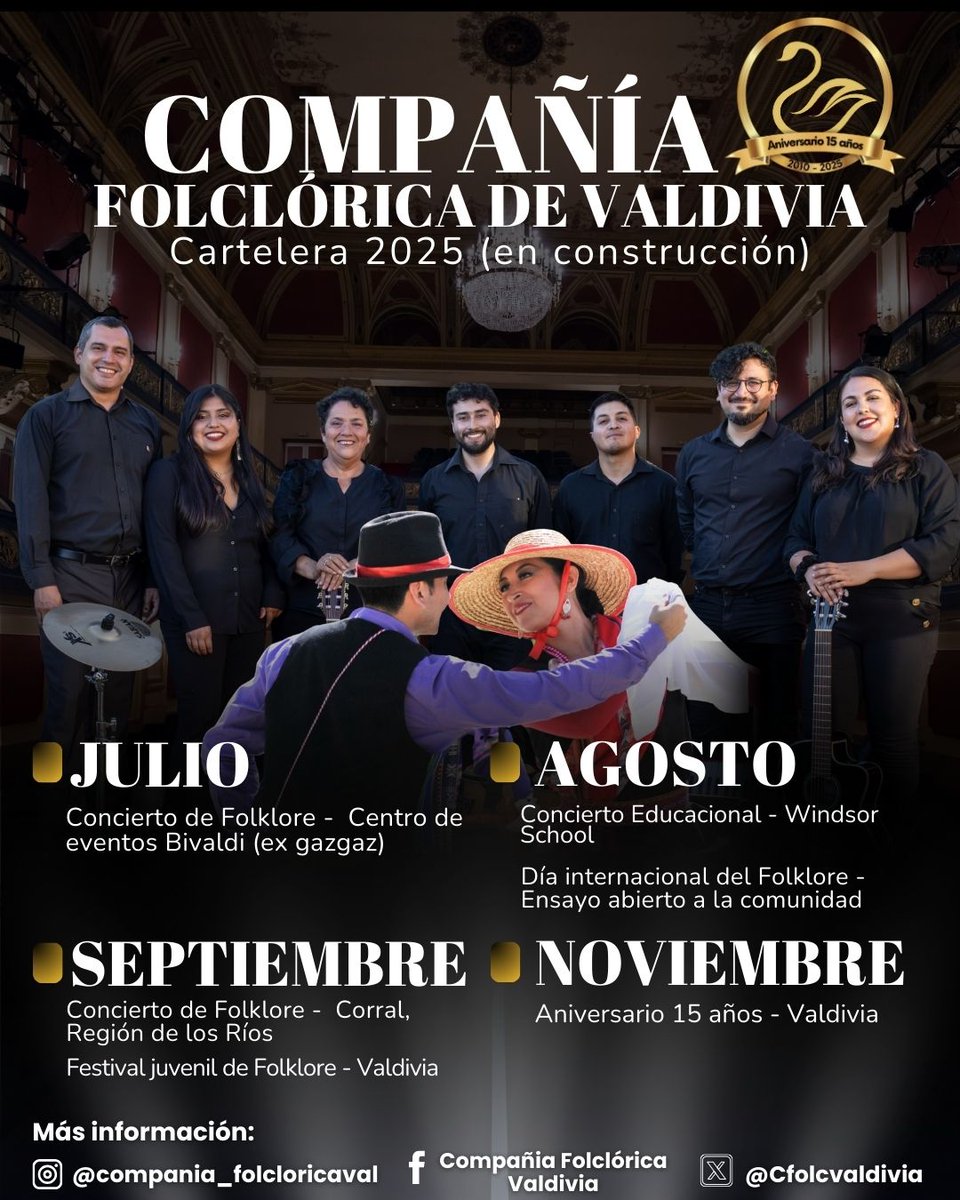 📢🔔Cartelera segundo semestre 2025!!!🔔📢
💃🪗🕺🎷🎙🎶🎻🥁🪘

Síguenos en rrss para más información y detalles! 

El #folklore se vive con <a href="/cfolcvaldivia/">Compañía Folclórica de Valdivia</a>

<a href="/CqValdivia/">El Conquistador 95.7 Fm Valdivia</a> <a href="/diariosur_rios/">Grupo DiarioSur Los Ríos | Prensa</a> <a href="/munivaldivia/">MuniValdivia</a> <a href="/Cook_pabloguaje/">Cook_Pablo</a> <a href="/radiopilmaiquen/">Radio Pilmaiquen</a> <a href="/elranco/">Diario El Ranco</a> <a href="/DiarioFutrono/">Diario Futrono</a> <a href="/MuniPangui/">Municipalidad de Panguipulli</a> #valdiviacl