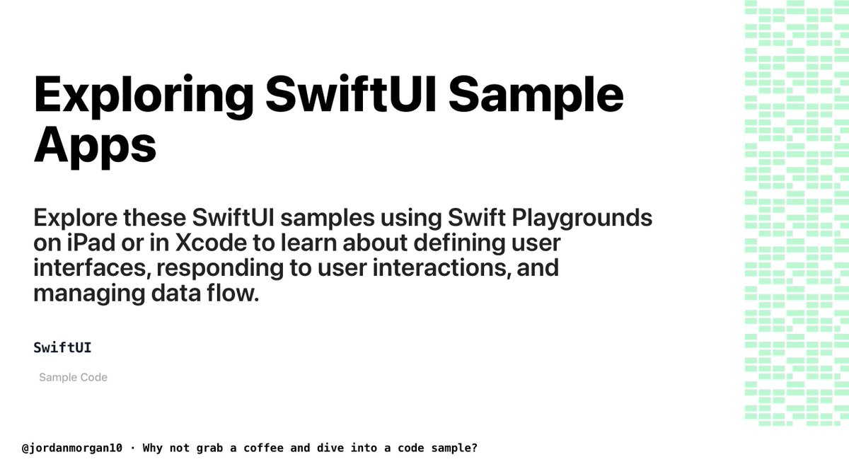 📱Today's code sample is from SwiftUI📱

Exploring SwiftUI Sample Apps:
Explore these SwiftUI samples using Swift Playgrounds on iPad or in Xcode to learn about defining user interfaces, responding to user interactions, and managing data flow.

👉developer.apple.com/tutorials/Samp…