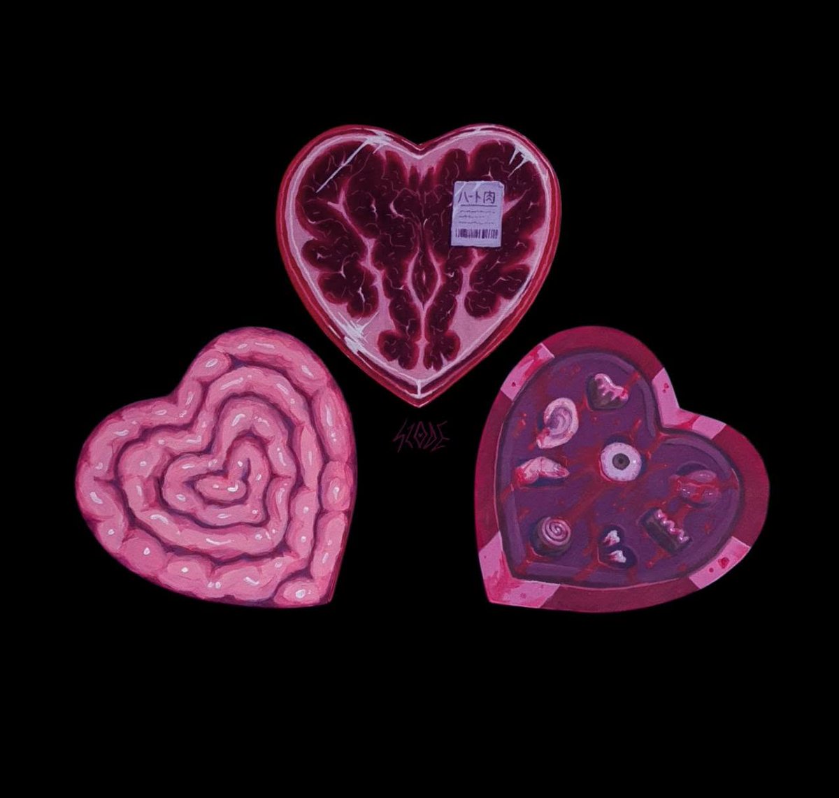 gloompup's tweet image. i thought i posted those btw....🥩
In february finished two more paintings inspired by the one from 2023 (the guts one), so here's a bloody meaty heart triptych ^^ I'm planning to release some merch based on those. Let me know if you are interested!
