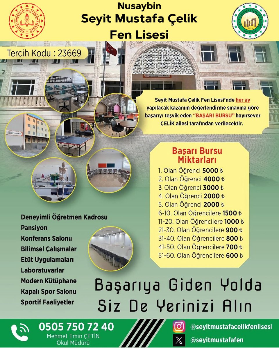 Okulumuzda bu yıl  başlayacak öğrencilerimize, Hayırsever Çelik Ailesi tarafından her ay düzenlenecek kazanım değerlendirme sınavlarına göre, dereceye giren ilk 60 öğrenciye başarı bursu verilecektir.Bu anlamlı katkılarından dolayı Çelik Ailesi’ne gönülden teşekkür ediyoruz.