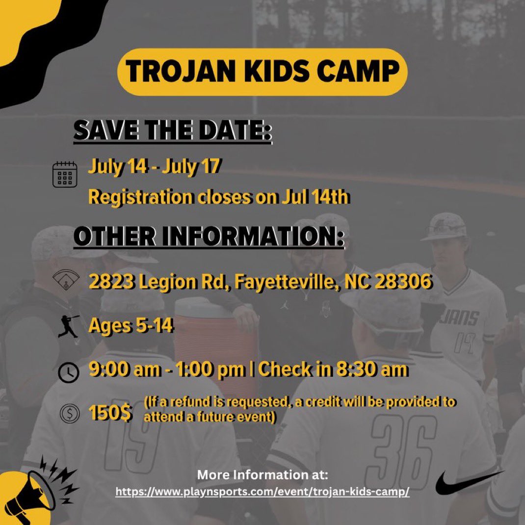 YOUTH CAMP! 

Best week of summer coming up soon! ☀️ ⚾️ 

playnsports.com/event/trojan-k…