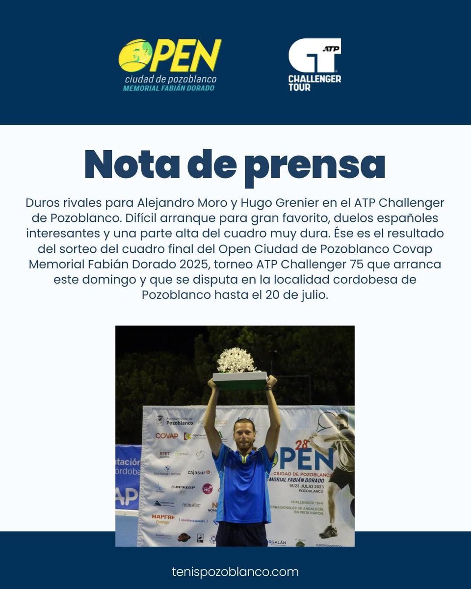 📰 #NotasDePrensaDelOpen

🗣 Duros rivales para Alejandro Moro y Hugo Grenier en el ATP Challenger de Pozoblanco

ℹ️ Podéis leer la noticia completa en tenispozoblanco.com 

#TenisPozoblanco #ATPChallenger