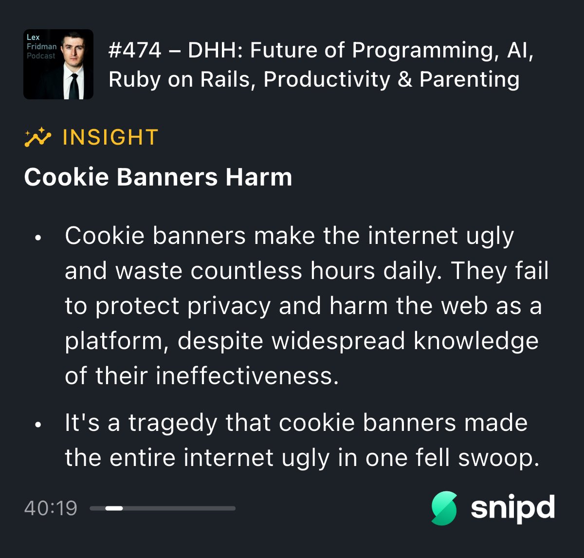 “Cookie banners make the internet ugly and waste countless hours daily. They fail to protect privacy and harm the web as a platform, despite widespread knowledge of their ineffectiveness.
It's a tragedy that cookie banners made the entire internet ugly in one fell swoop”