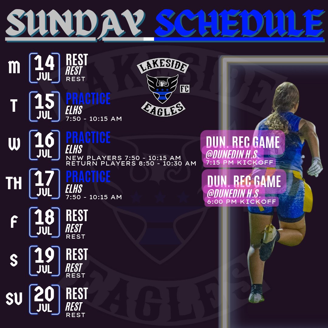 #SundaySchedule #LakesideEaglesFC
#Discipline #Athletes #With #Grit
#StandardsOverFeelings #PerchOnCommerce #NoFlyZone #FlagFootball #FemalesInFlag #GirlsPlayFootball #RepTheFlag #HighSchoolFlagFootball #Sports #GirlsFlagFootball #MB34 #Sorority #NCAA #NAIA #NJCAA #WCCFL #NFLFlag