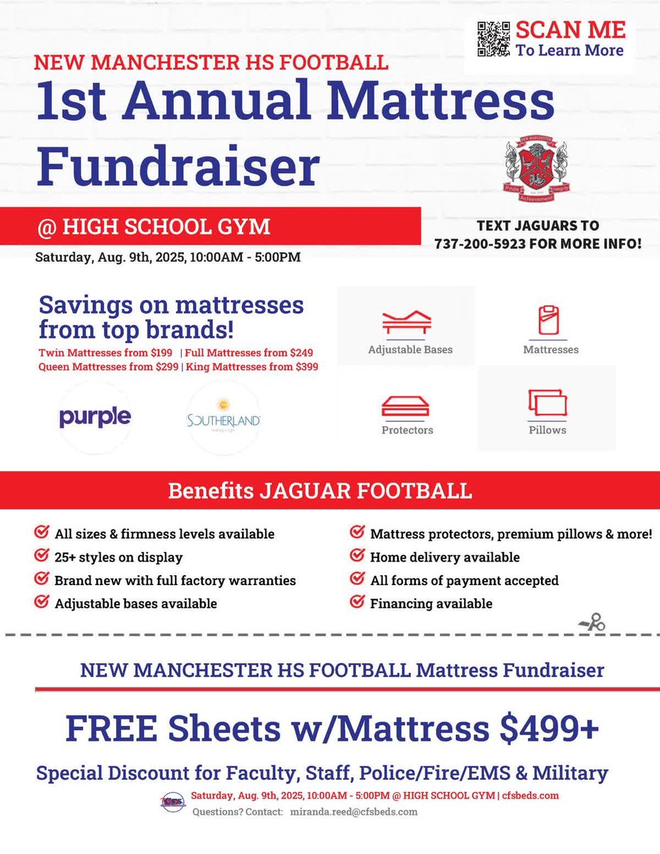 Come by and upgrade your sleep August 9th at New Manchester high school <a href="/NewManchesterFB/">New Manchester Football</a>