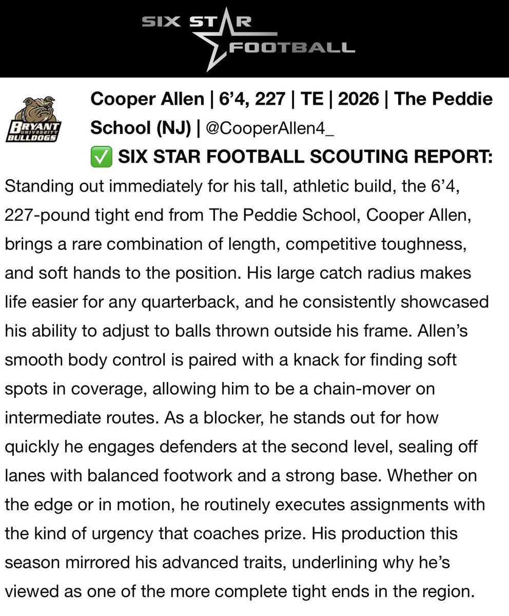 CooperAllen4_'s tweet image. Thank you @sixstarfootball for the write up after the @BryantUFootball camp!
@CoachSielawa @CoachBarese1 @Coach_Fab @PeddieFalconsFB @PrepRedzoneNJ