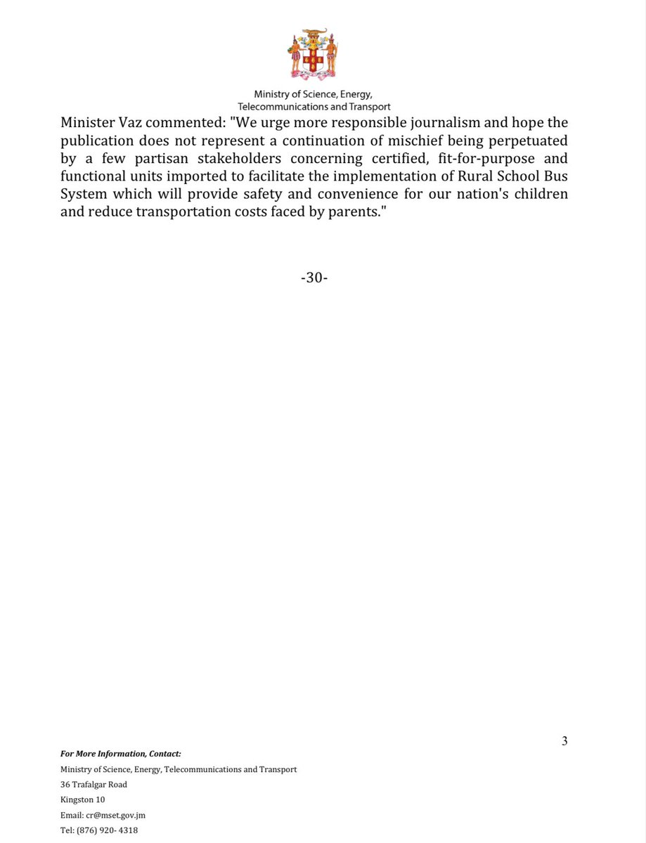For Immediate Release 

#STATEMENT

STATEMENT FROM MINISTER OF SCIENCE, ENERGY, TELECOMS. AND TRANSPORT, THE HON. DARYL VAZ MP:-

False, Disingenuous &amp; Reckless Suggestion By the Jamaica Gleaner that Unlicensed Entity Was Permitted to Breach Policy.