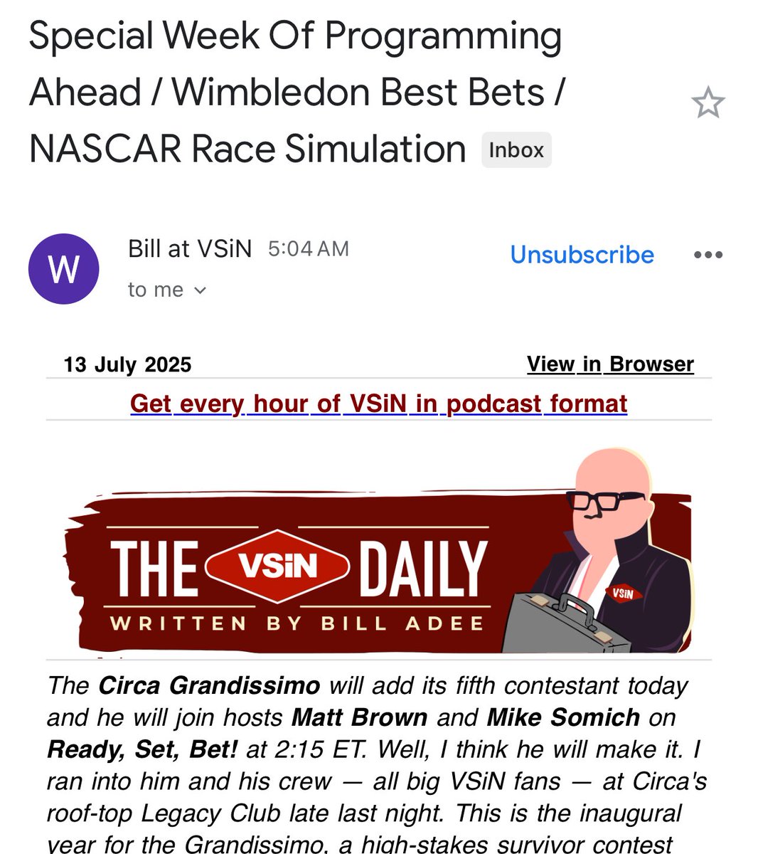 BREAKING from the desk of <a href="/Bill80/">Bill Adee</a>:  The 5th contestant in Grandissimo will be on <a href="/VSiNLive/">VSiN</a> with <a href="/MattBrownM2/">Matt Brown</a> and <a href="/Somobomb18/">Mike Somich</a> at 2:15 Eastern.