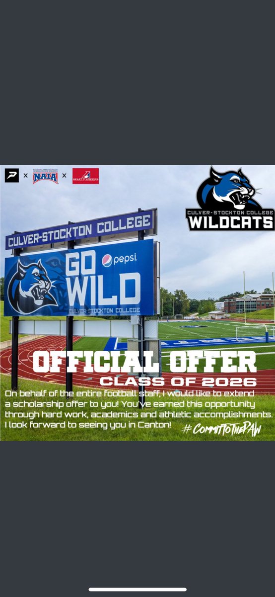 Blessed to receive my first official offer from <a href="/CSCwildcatsFB/">Culver Football</a>. <a href="/CoachCutshaw/">Roy Cutshaw Jr</a> <a href="/Jaelon_Acklin/">Jaelon Acklin</a> <a href="/jacob_womack2/">Jacob Womack</a> <a href="/JPRockMO/">JP Rock</a>
