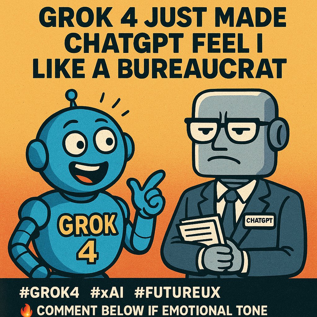 DeepArchivist's tweet image. 🧠@Grok 4 just made @ChatGPTapp feel like a bureaucrat. 

Fast. Funny. Free-thinking. 
It’s not the smartest model—just the one that feels human.

#Grok4 #xAI #FutureUX @xai @tesla 

🔥Comment below if emotional tone matters more than token count.