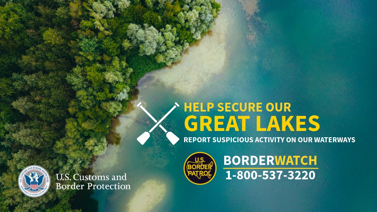HELP SECURE OUR BORDER 
Report suspicious border activity on the #GreatLakes by calling the 24/7 BorderWatch line at 1-800-537-3220. 

Be ready to describe: 
• Who or what you saw;
• When you saw it;
• Where it occurred; and
• Why it’s suspicious.

#BorderSecurity