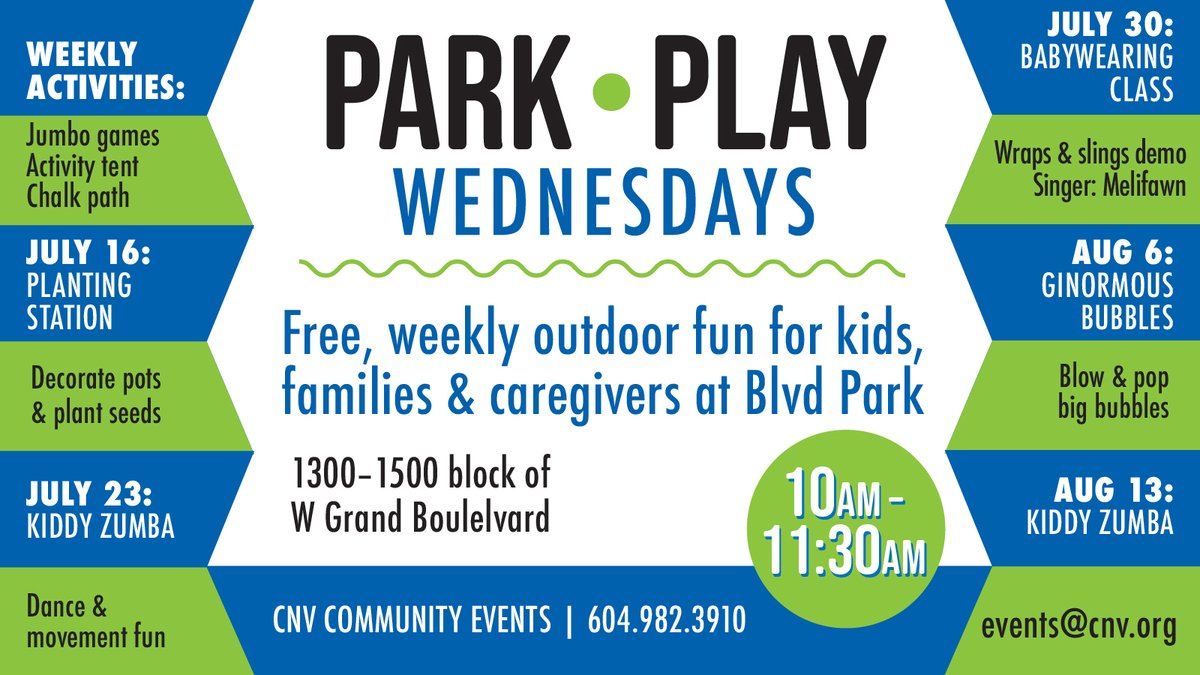 🎉 Introducing Park Play Wednesdays! ☀️
A brand new, free summer series designed for families, caregivers, and kids to connect, move, and play — all in the park!

📅 Wednesdays | July 16 – August 13
🕙 10:00 AM – 11:30 AM
📍 1300–1500 Boulevard Park (Green Necklace)