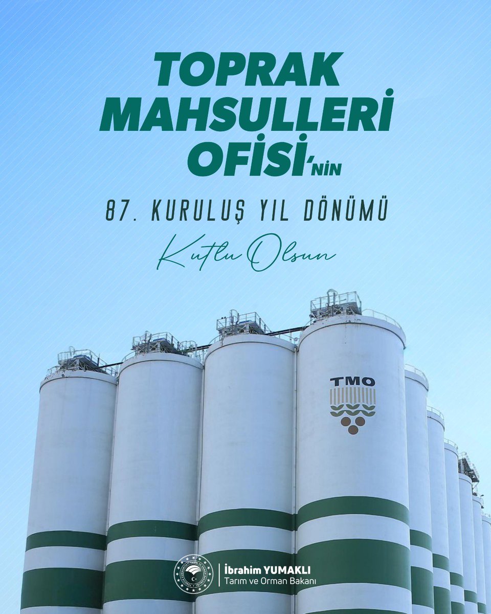 🌱 87 yıl önce bir tohum gibi toprağa düşen TMO, bugün milyonların sofrasına bereket taşıyan bir çınara dönüştü.

🤝 Dirençli üretim altyapısı ve sürdürülebilir tarım vizyonuyla çiftçimizin yanındayız.

Toprak Mahsulleri Ofisi’nin 87. kuruluş yıl dönümü kutlu olsun.