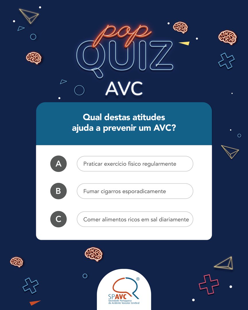 SPAVC_pt's tweet image. 🎉 O nosso Pop Quiz está de volta!
Tinha saudades? Hoje queremos testar os seus conhecimentos sobre a prevenção do AVC. Pronto para o desafio? 💡
#SPAVC #QuizSPAVC #Curiosidades