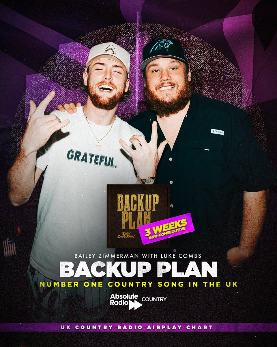 Huge congratulations to @BaileyZimmerman &amp; @LukeCombs! "Backup Plan" is now spending a third non-consecutive week at the top of the UK Country Radio Airplay Chart. 🙌🇬🇧