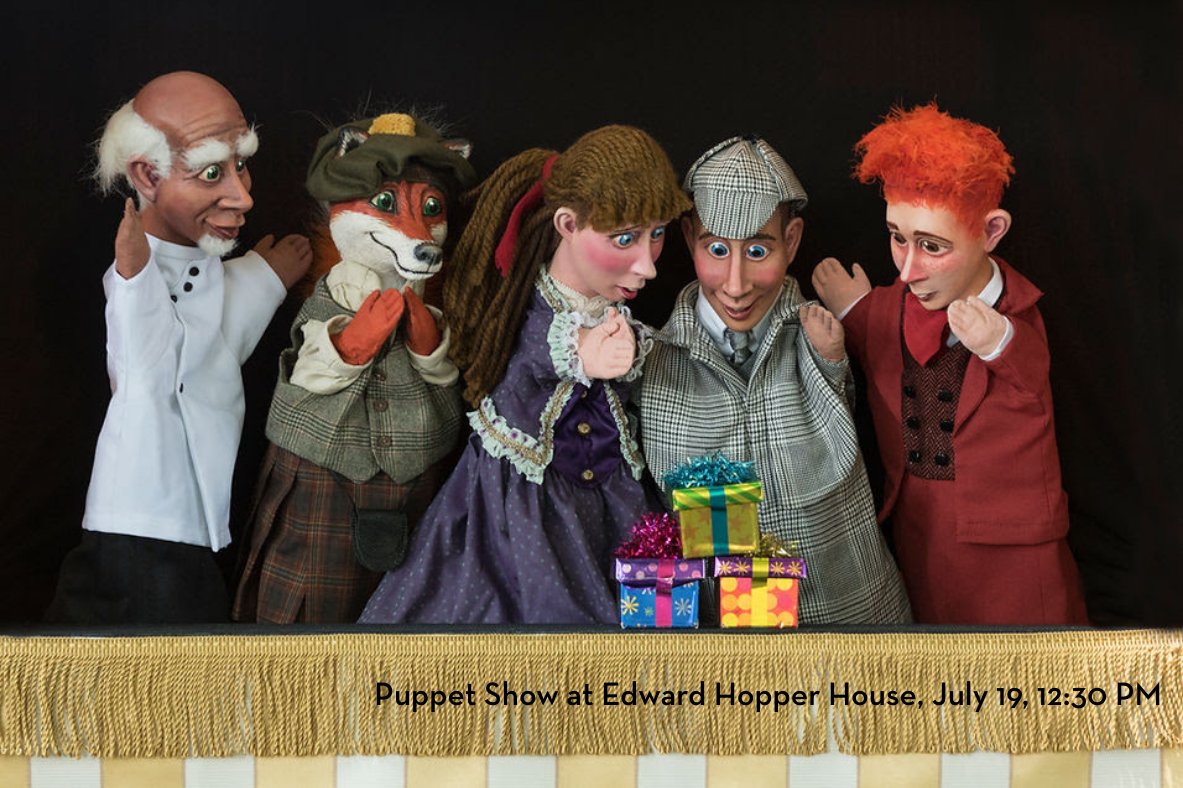 🎭 "The Case of the Missing Birthday" Puppet Show
🗓️ Sat, 7/19, 12:30–1:30PM
Looking for a fun family outing in Nyack? Join us for a puppet show mystery! 🎂🕵️‍♂️ Crazy characters, sing-alongs &amp; clues await in this show by @wondersparkpuppets. 
🎟️ Info + tix: edwardhopperhouse.org/birthday-weeke…