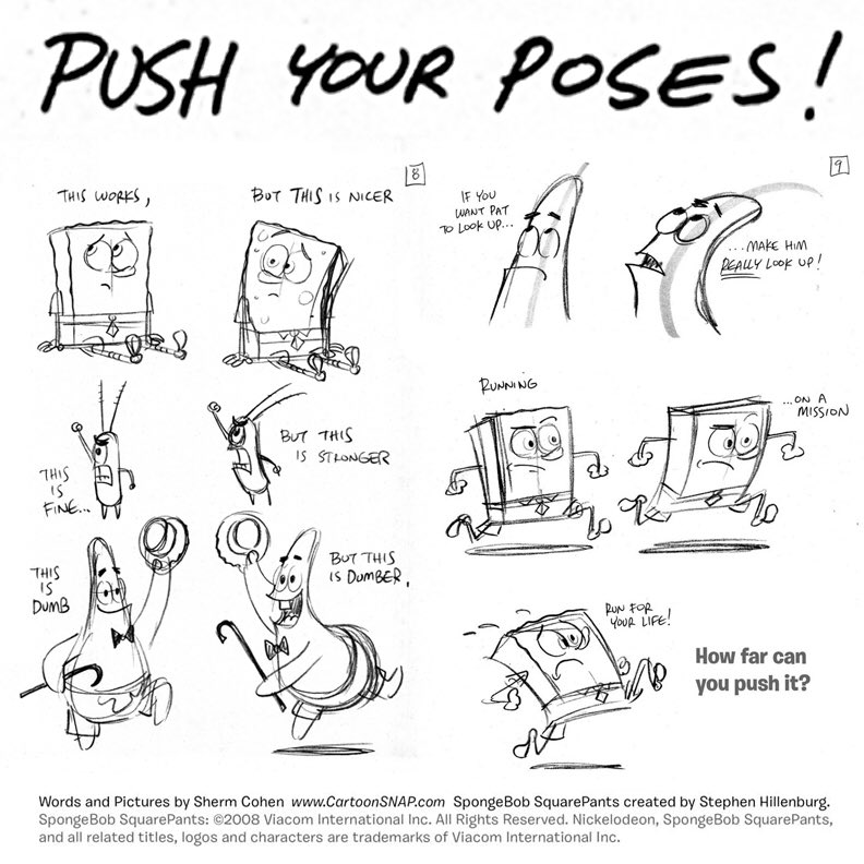 Our next feature artist/tutorial for today is this BEAUTY by the awesome @shermcohen on how to PUSH YOUR POSES! Although sometimes of course you want to convey a subtler emotion, when you need to go BIG these ideas will help :) #animationdev #gamedev #characterdesign #SpongeBob