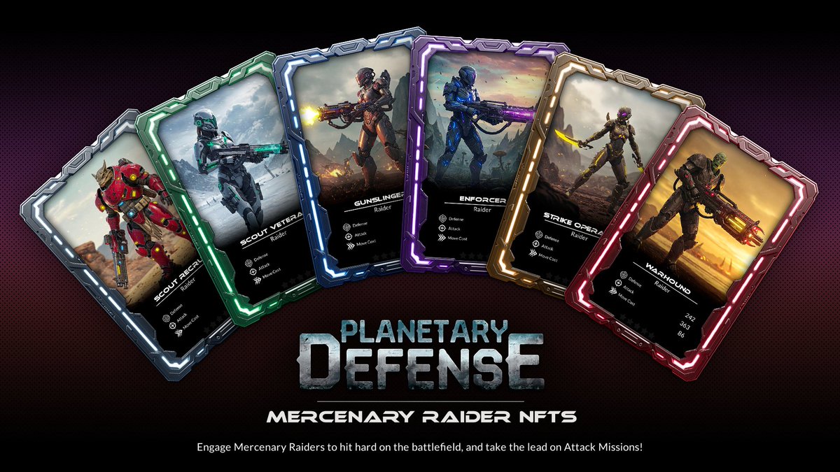 Planetary_Def's tweet image. 🔫 THE MERCENARY RAIDER BLENDS ARE COMING!

Prepare your material NFTs and get ready to craft your first Mercenaries!
They will be playable in Planetary Defense to enhance your action power during attack and defense missions.
Focus on attack, they will be useful during your…