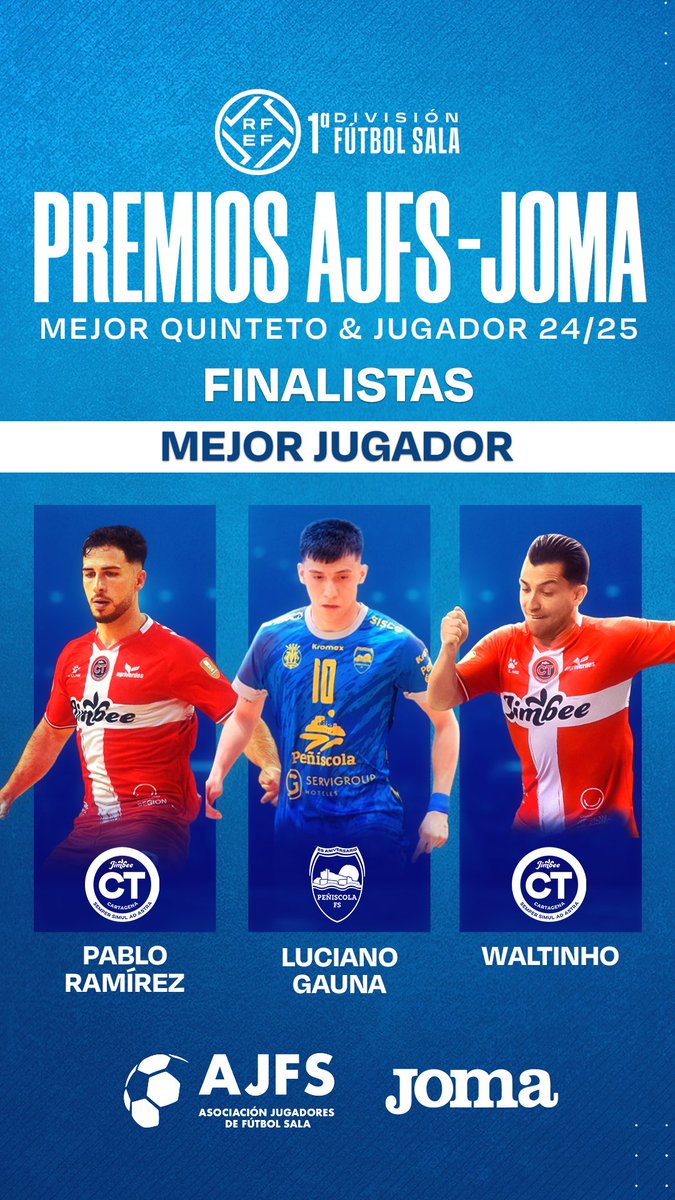 AJFS - Asociación de Jugadores de Fútbol Sala (@ajfs1998) on Twitter photo 🏆 𝗣𝗥𝗘𝗠𝗜𝗢𝗦 𝗔𝗝𝗙𝗦 - 𝗝𝗢𝗠𝗔 | 𝗠𝗩𝗣 𝗗𝗘 𝗟𝗔 𝗧𝗘𝗠𝗣𝗢𝗥𝗔𝗗𝗔 𝟮𝟬𝟮𝟰/𝟮𝟱 @FutsalRFEF
Estos son los más votados por sus compañeros:
👑 <a href="/pabloramireez92/">Pablo Ramírez González</a> — <a href="/JimbeeCartagena/">Jimbee Cartagena Costa Cálida</a>
👑 <a href="/Luciianogauna10/">Luciano Gauna</a> — <a href="/peniscolafs/">Servigroup Peñíscola FS</a>
👑 <a href="/WaltinhoCost/">Walter Fernandes</a> — <a href="/JimbeeCartagena/">Jimbee Cartagena Costa Cálida</a>
#PremiosAJFS 🏆 𝗣𝗥𝗘𝗠𝗜𝗢𝗦 𝗔𝗝𝗙𝗦 - 𝗝𝗢𝗠𝗔 | 𝗠𝗩𝗣 𝗗𝗘 𝗟𝗔 𝗧𝗘𝗠𝗣𝗢𝗥𝗔𝗗𝗔 𝟮𝟬𝟮𝟰/𝟮𝟱 @FutsalRFEF
Estos son los más votados por sus compañeros:
👑 <a href="/pabloramireez92/">Pablo Ramírez González</a> — <a href="/JimbeeCartagena/">Jimbee Cartagena Costa Cálida</a>
👑 <a href="/Luciianogauna10/">Luciano Gauna</a> — <a href="/peniscolafs/">Servigroup Peñíscola FS</a>
👑 <a href="/WaltinhoCost/">Walter Fernandes</a> — <a href="/JimbeeCartagena/">Jimbee Cartagena Costa Cálida</a>
#PremiosAJFS