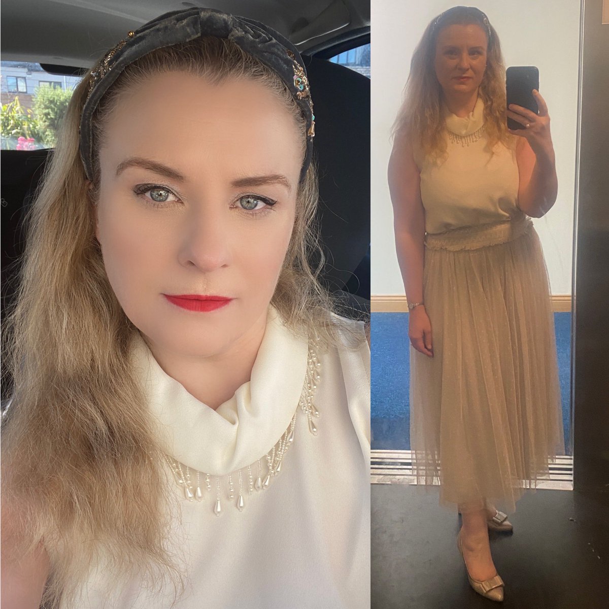 CatrinaSoprano's tweet photo. Keeping things fresh for #sundaystyle today in a beautiful dove grey #needleandthread tulle skirt & silver #lebabe courts. Teamed with a truly special vintage blouse given to me by a dear friend & tied everything together with a classic #redlip &velvet hairband. #vintage #soprano https://t.co/nKyjdAWEzE