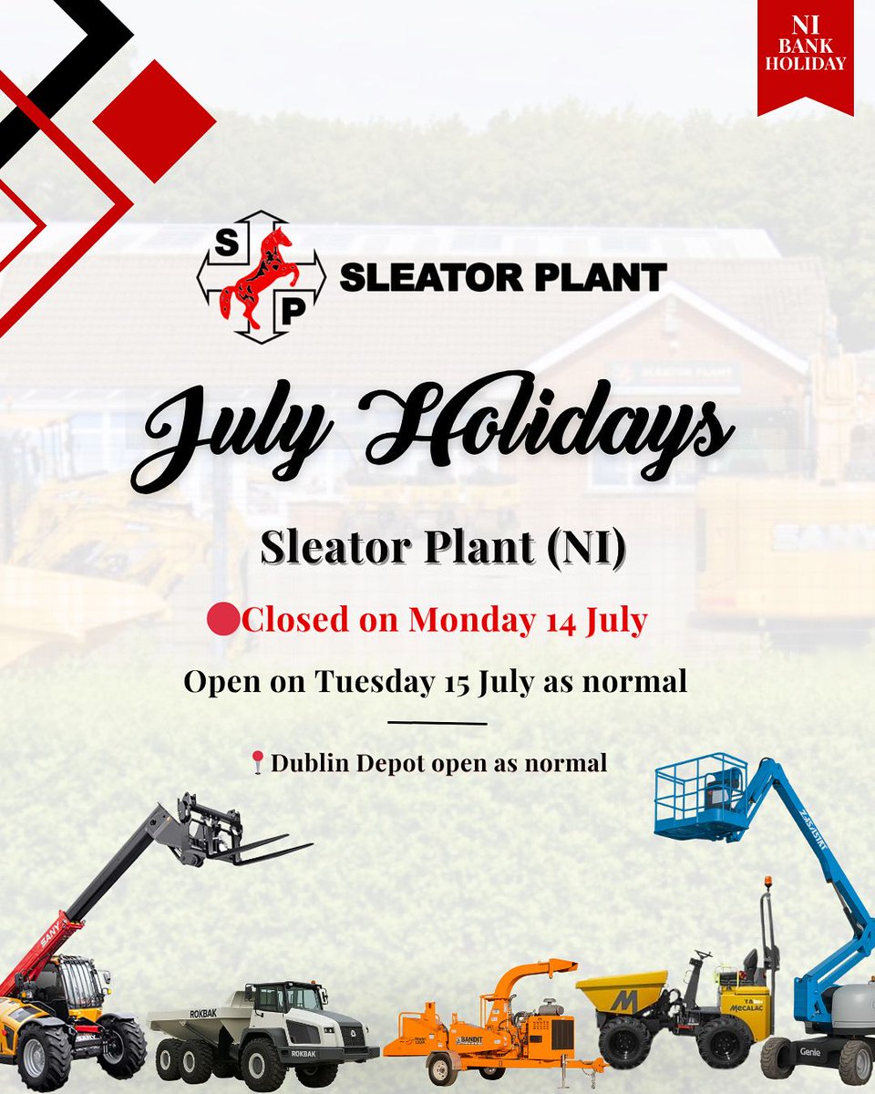📢 July Holidays Update 

Please note that our Northern Ireland depot will be closed on Monday 14th July for the bank holiday.
📆 We’ll be back open as usual on Tuesday 15th July.
📍 Dublin depot remains open as normal.