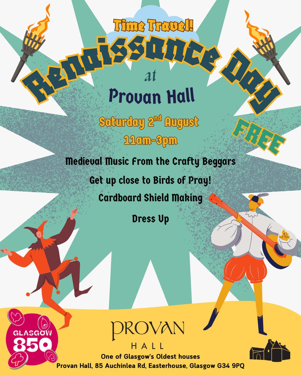 ProvanHall's tweet image. Coming up at Provan Hall, our Time Travel Renaissance Day! This #glasgow850 event, is not one to be missed!

Activities for all ages complete with Medieval Musicians and Falconers!