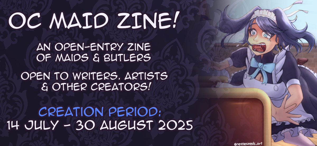 ✨️ Announcing our next art jam, the OC Maid Zine ✨️

This is a sfw art jam, we'd love to have you! Official rules and info can be found in my Discord (see pinned, 🔞)