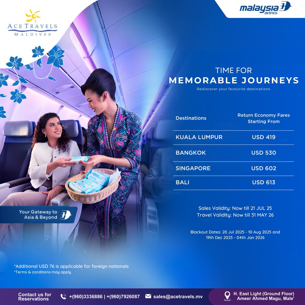 Let every takeoff spark your next great story ~ Fly with Malaysian Airlines ✨

✨Contact us for reservations: You can reach us on Whatsapp/Viber +(960)7926087 or call us on +(960)3336886.

#FlyAceFly #AcetravelsMaldives #MalaysianAirlines