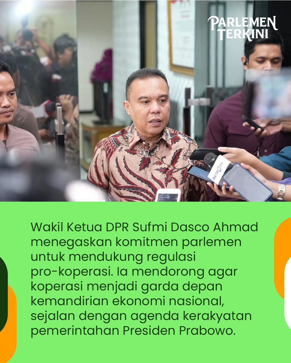 Sufmi Dasco menegaskan komitmen parlemen untuk mendukung regulasi pro koperasi. Ia mendorong agar koperasi menjadi garda depan kemandirian ekonomi nasional, sejalan dengan agenda kerakyatan pemerintahan presiden Prabowo