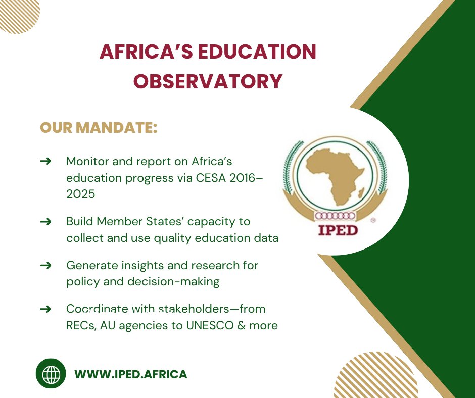 AUIPED's tweet image. AU-IPED is the African Union’s institute driving education transformation across Africa through policy and data.
As Africa’s Education Observatory, we track progress toward Africa’s 10-year education strategy and support evidence-based national education policies. Learn more🔗