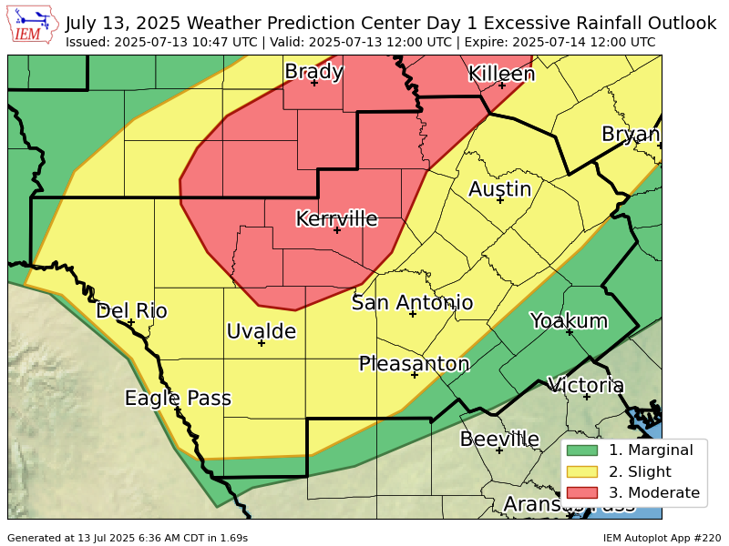 Hunt_Wx's tweet photo. 6:46 AM Sunday - Another dangerous flash flooding set up is expected to continue across the Hill Country through Sunday morning. A large complex of slow moving, torrential rain developed Saturday night, and this complex will continue to slowly sag southeastward into the KVUE area. While not every location in the Hill Country will experience flooding, where the heaviest rain develops the flooding threat could significant.

Over 8 inches of rain has already fallen north of the KVUE area in the San Saba area prompting a rare Flash Flood Emergency. Importantly, this flooding north of the KVUE area is likely to send more water into Lake Buchanan, which is now within about 5 feet of full pool.

The Weather Prediction Center continues to outline a 'moderate' - level 3 of 4 - flash flood risk for the Hill Country through Sunday morning. In this zone, isolated pockets of rain could approach 10 inches.

The National Weather Service has also issued a Flash Flood Watch for portions of the KVUE area along and west of I-35 that continues through 7 p.m. on Sunday.

Through the morning of Sunday, the widespread heavy rain will continue to impact many parts of the Hill Country, particularly Mason, Llano, Burnet, and northern Gillespie counties.

Again, the flooding in certain locations could be significant and potentially life threatening. Both flash flooding and dangerous flooding of river and creeks will be possible. Ensure you have a way to get weather alerts, and have a plan to get to higher ground if needed if you live near a flood prone creek, stream, or river.

The flood risk is lower for the Austin metro and I-35 corridor, but it's certainly not zero. Scattered to numerous heavy downpours are expected by mid to late morning into the afternoon. A level 2 of 4 flood risk has been outlined for most of the I-35 corridor, so also monitor the forecast closely in these locations.

Coverage of rain is likely to diminish through the late afternoon and early evening, but some scattered downpours will remain a possibility through the evening and early overnight.