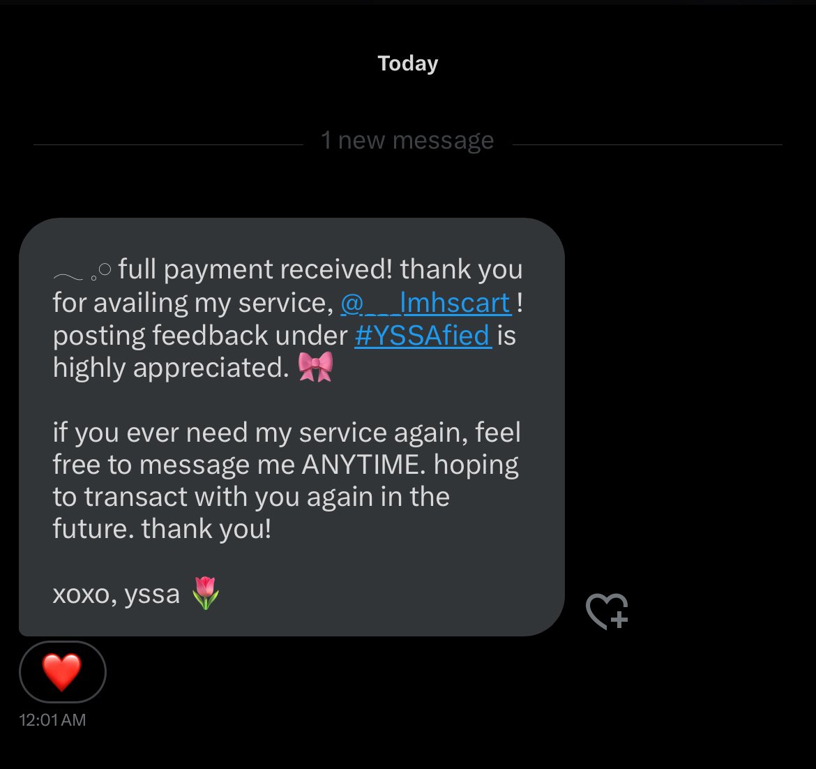 💌;  #lmhsmails 

Hellooo, thank you sm for the trust and for letting me avail your service! 🤍

#YSSAfied