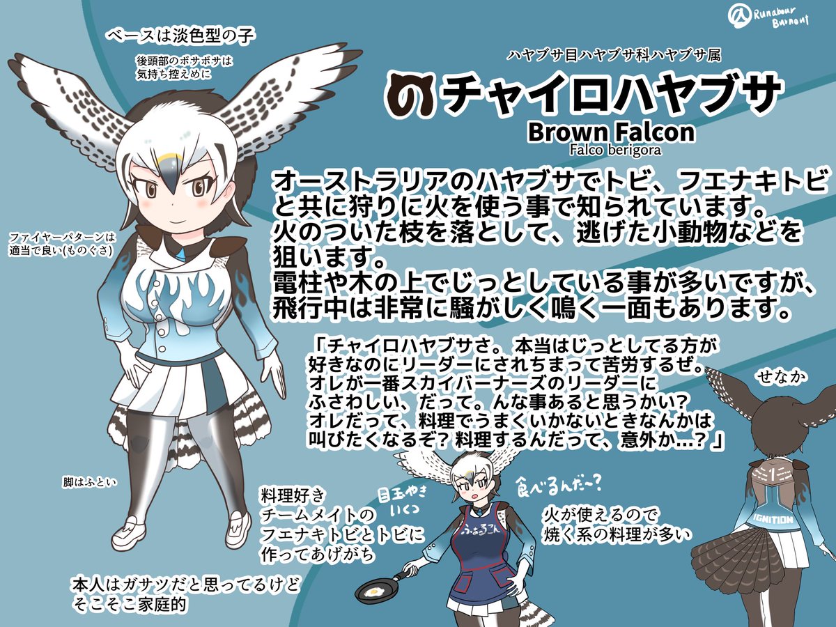 RunabourBurnout's tweet image. 火を扱える系もうきんトリオの一員、家庭的?オレっ娘のチャイロハヤブサさんです
結構色合いに個体差があるので白っぽい子をリファレンス元にチョイス
『スカイバーナーズ』チームメイトのフエナキトビ、トビ(🇦🇺)もきっとそのうち…!
#オリフレ
