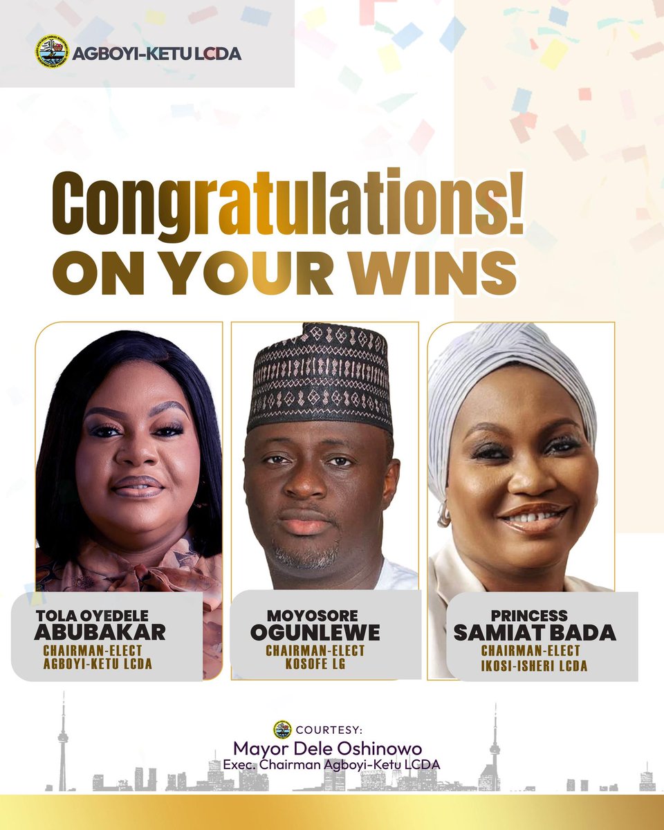 The people have spoken and the mandate is clear!

Congratulations to our elected Chairmen:

<a href="/AdetolaAbubakar/">Adetola Abubakar</a> – Agboyi-Ketu LCDA
<a href="/ogunlewemoyo/">Barr MOYO OGUNLEWE</a> – Kosofe LG
Princess Samiat Bada – Ikosi-Isheri LCDA

Your victories reflect the confidence of the people in your vision and capacity. As