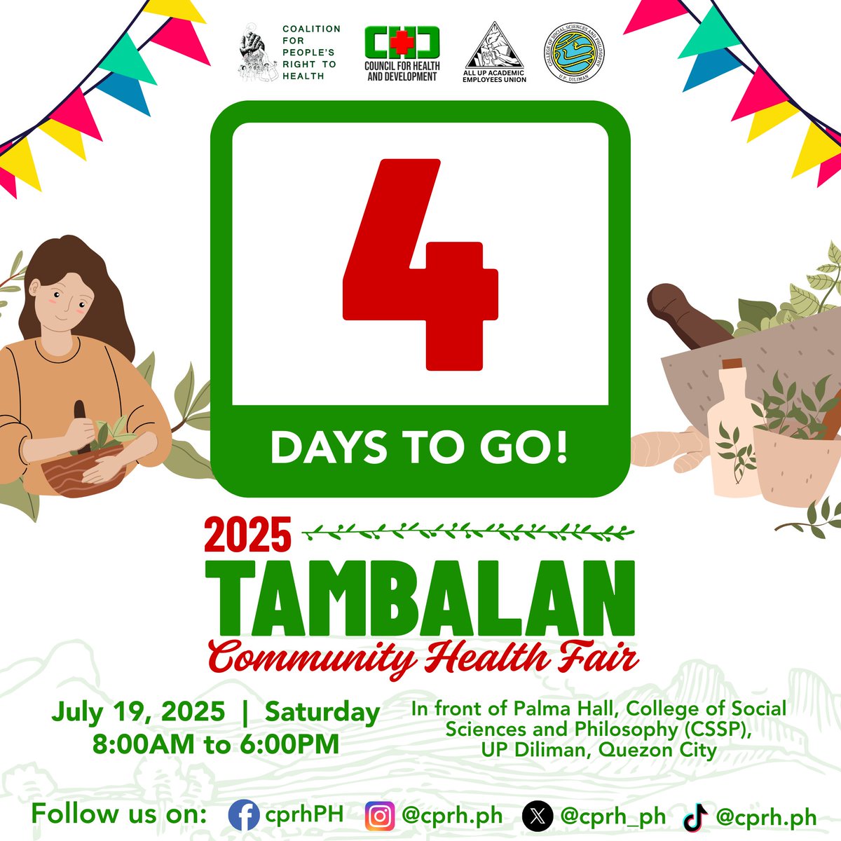 𝟰 𝗱𝗮𝘆𝘀 𝘁𝗼 𝗴𝗼!

#TambalanCommunityHealthFair2025!

See you on 𝗝𝘂𝗹𝘆 𝟭𝟵, 𝟮𝟬𝟮𝟱, Saturday 8:00 AM to 6:00 PM in front of Palma Hall, College of Social Sciences and Philosophy (CSSP), UP Diliman, Quezon City!
