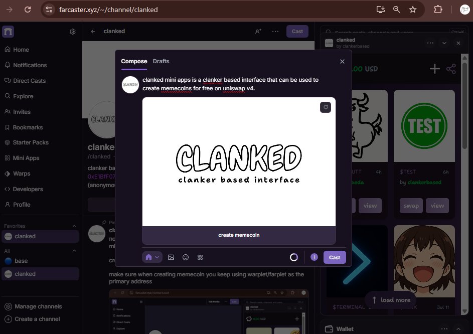 clankerbased's tweet image. we added share button to clanked mini apps so you can use this to make a cast and share.
earn 10% reward fee if someone opens clanked mini app from your cast then makes memecoin.
farcaster.xyz/miniapps/JhUeq…