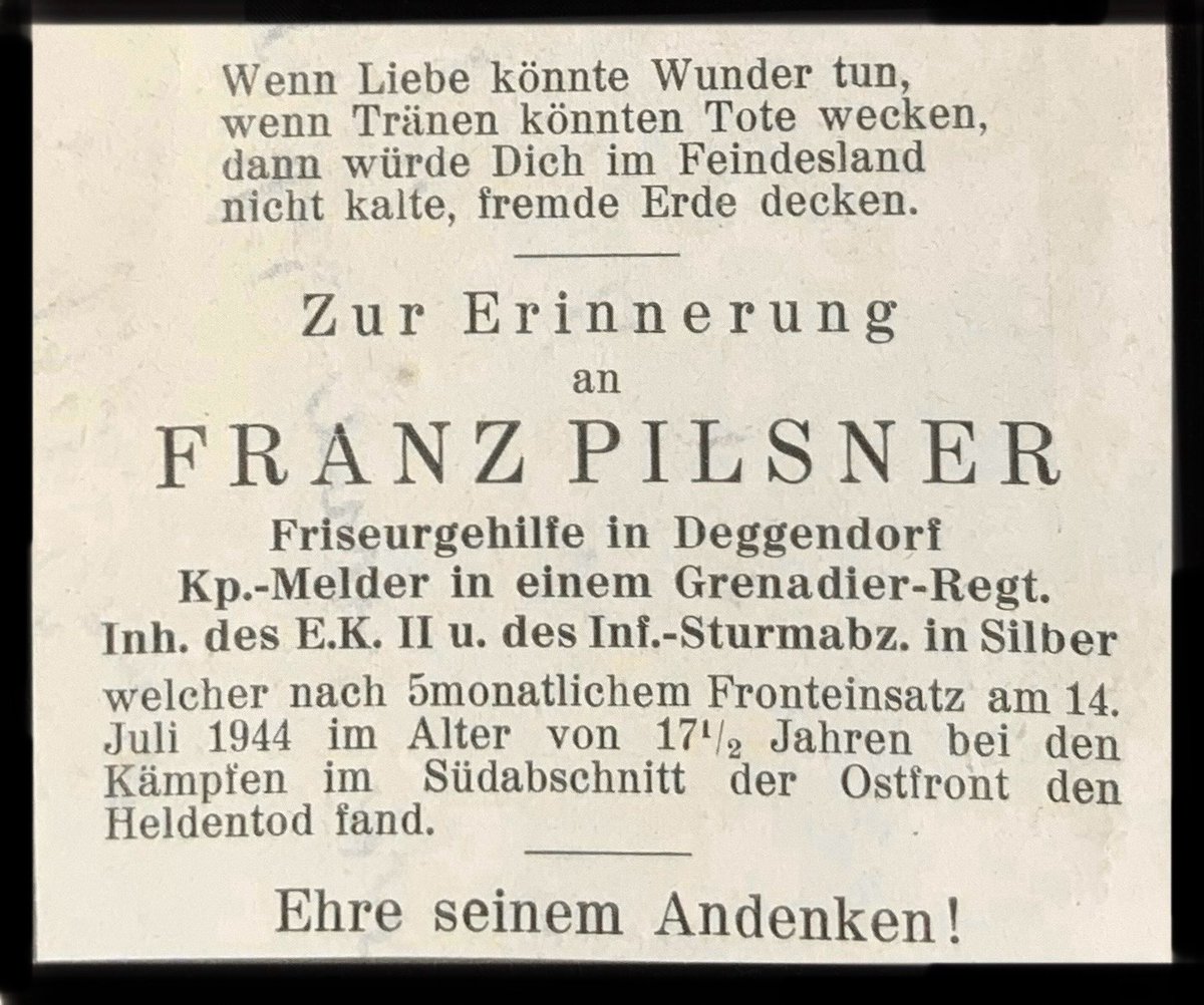 NieMehrKrieg's tweet photo. Franz Pilsner war 17 Jahre alt, als er am 14. Juli 1944 starb. Die letzten fünf Monate seines Lebens hatte er an der Ostfront verbracht. R.I.P.
#NieWiederKrieg #SayHisName https://t.co/rsOAKJbjWB