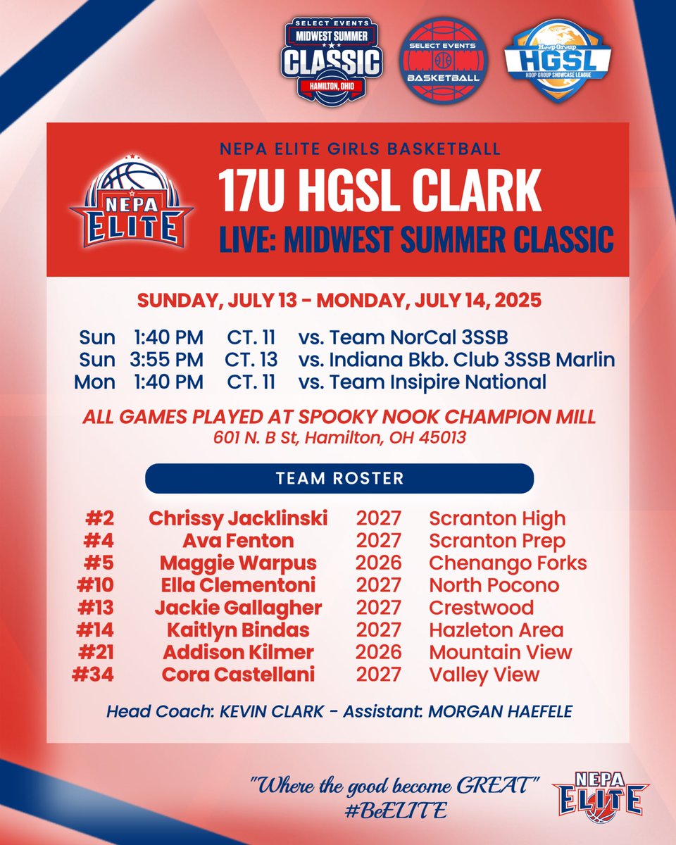 NEPA Elite Basketball (@nepa_elite) on Twitter photo 17U HGSL Clark | <a href="/SelectEventsBB/">Select Events Basketball</a> MW Summer Classic
π Jul 13-14
π Spooky Nook Champion Mill
LIVE PERIOD Schedule Drop π½π
π₯ <a href="/Chrissy_jack2/">Chrissy Jacklinski</a> <a href="/WarpusMaggie/">Maggie Warpus</a> <a href="/clementoni_ella/">Ella Clementoni - c/o 2027</a> <a href="/KaitlynBindas14/">Kaitlyn Bindas</a> <a href="/addisonkilmer21/">Addison Kilmer</a> <a href="/Castellani34/">Cora Castellani</a>
π² HC <a href="/Coach_Clark42/">Kevin J. Clark</a>, AC <a href="/morgan_haefele/">Morgan</a>
#BeELITE 17U HGSL Clark | <a href="/SelectEventsBB/">Select Events Basketball</a> MW Summer Classic
π Jul 13-14
π Spooky Nook Champion Mill
LIVE PERIOD Schedule Drop π½π
π₯ <a href="/Chrissy_jack2/">Chrissy Jacklinski</a> <a href="/WarpusMaggie/">Maggie Warpus</a> <a href="/clementoni_ella/">Ella Clementoni - c/o 2027</a> <a href="/KaitlynBindas14/">Kaitlyn Bindas</a> <a href="/addisonkilmer21/">Addison Kilmer</a> <a href="/Castellani34/">Cora Castellani</a>
π² HC <a href="/Coach_Clark42/">Kevin J. Clark</a>, AC <a href="/morgan_haefele/">Morgan</a>
#BeELITE