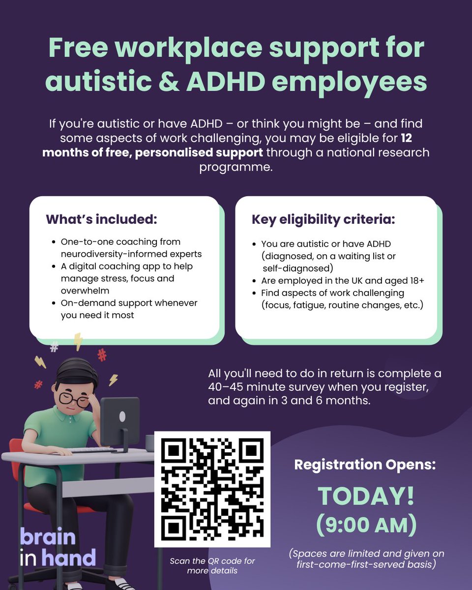 📣 Free workplace support for autistic &amp; ADHD employees
📅 REGISTRATION OPENS TODAY at 9 AM!

Spaces are limited and are given on a first-come, first-served basis to individuals who complete the screening questionnaire and meet the eligibility criteria.

Learn more about what's