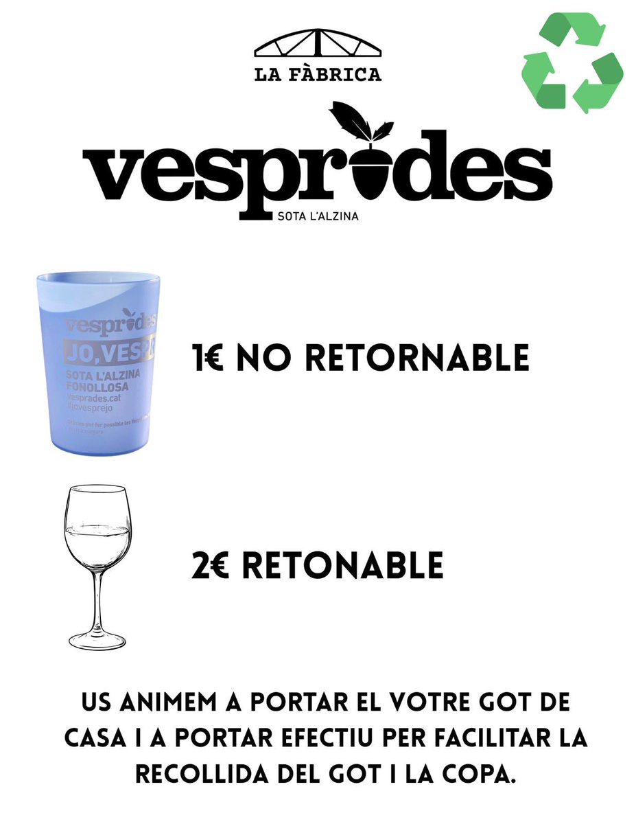 Ens veiem avui a les vesprades!!! Ajuda'ns a ser lo més sostenibles possible! Així que si ja tens un got de #vesprades (o un altre) porta'l al concert i reutilitza'l. ♻️

#joVesprejo i tu? #Vesprades #Fonollosa