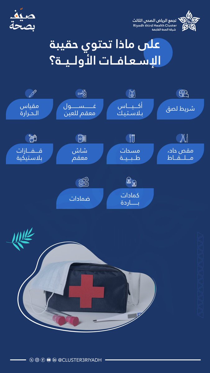 🧰| حقيبة الإسعافات الأولية هي أولى خطوات الوقاية..

#صيف_بصحة⁩ 
#تجمع_الرياض_الصحي_الثالث