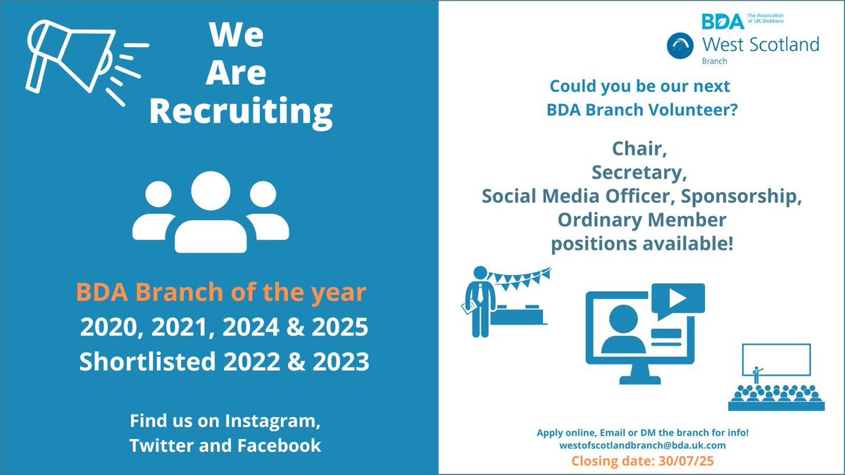 BDAWOSBranch's tweet image. We are recruiting! Are you looking to tick off CPD time ✅ and contribute to the local dietetic community and beyond 🙌 . Find out more from the BDA volunteers page bit.ly/3Ue7SPO. DM/Email the branch to talk to the committee or attend a meeting 😀 to find out more.